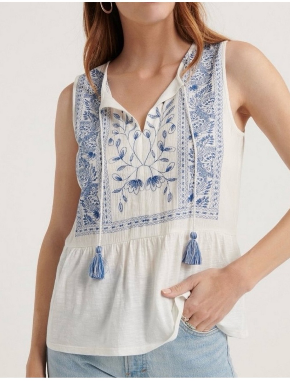 Lucky Brand Embroidered Tank Top Tassel Boho Coastal